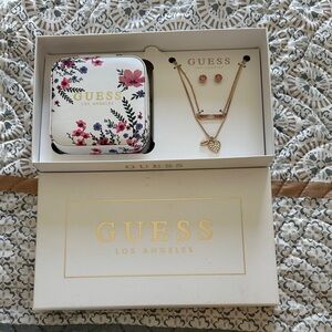 Guess Gold Necklace and Earring Set with Floral Tin